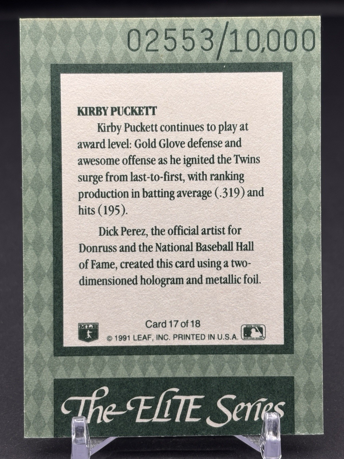 1992 Donruss The Elite Series Kirby Puckett Gold /10000 #17 Of 18 HOF Twins