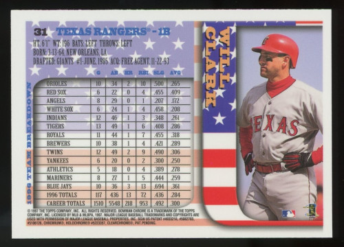 1997 Bowman Chrome International #31 Will Clark Texas Rangers – NM-MT