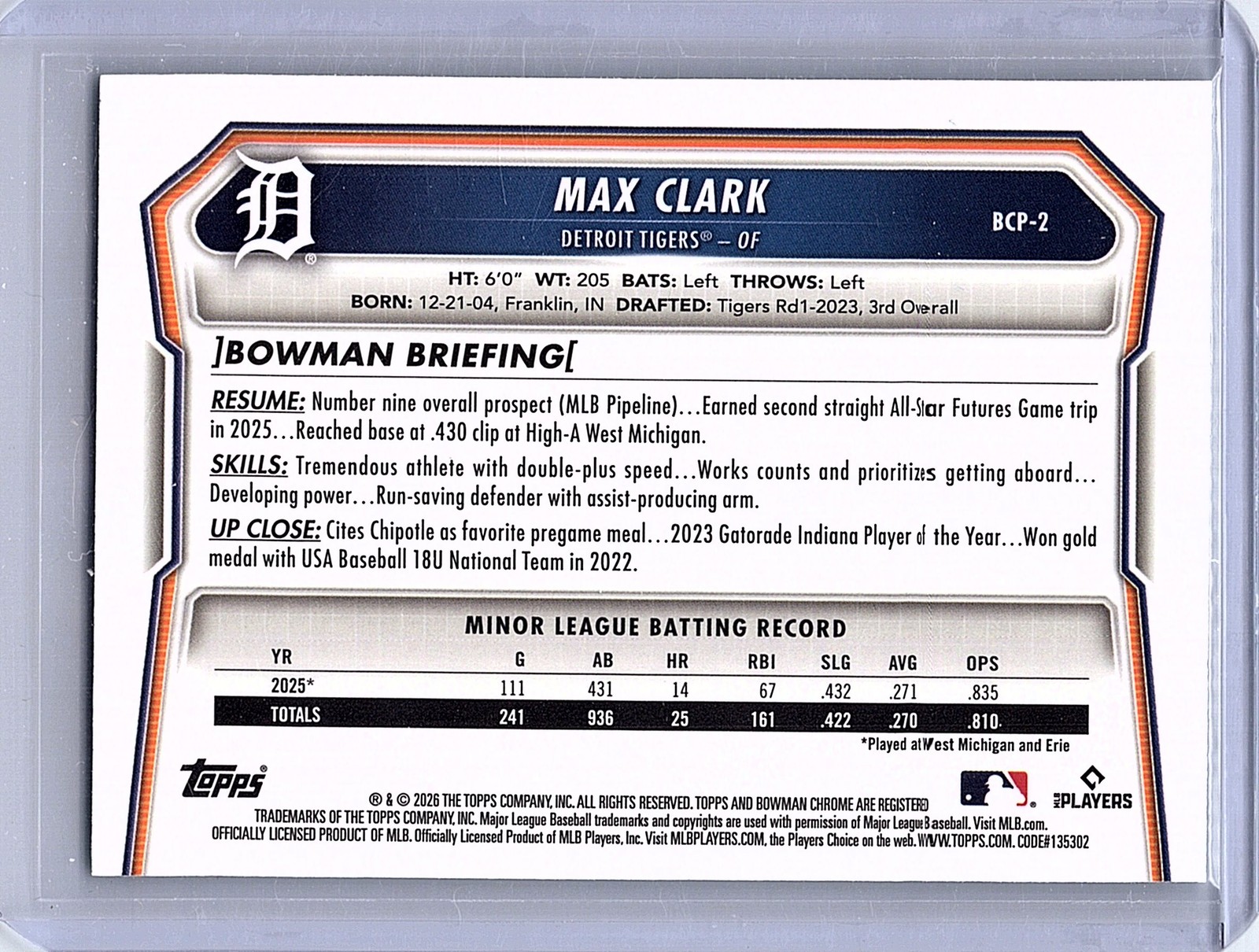 2026 Bowman #BCP-2 Max Clark Chrome Prospects Aqua Geometric Refractor #/125