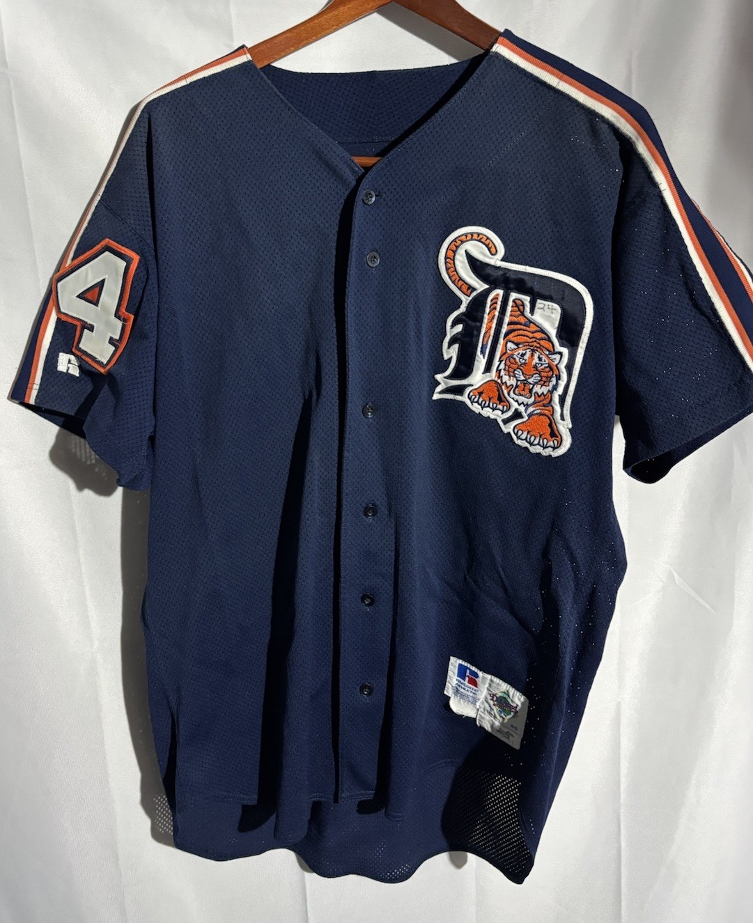 Vintage 90s Russell Athletic Detroit Tigers Diamond Collection Sz 46 Blue Jersey