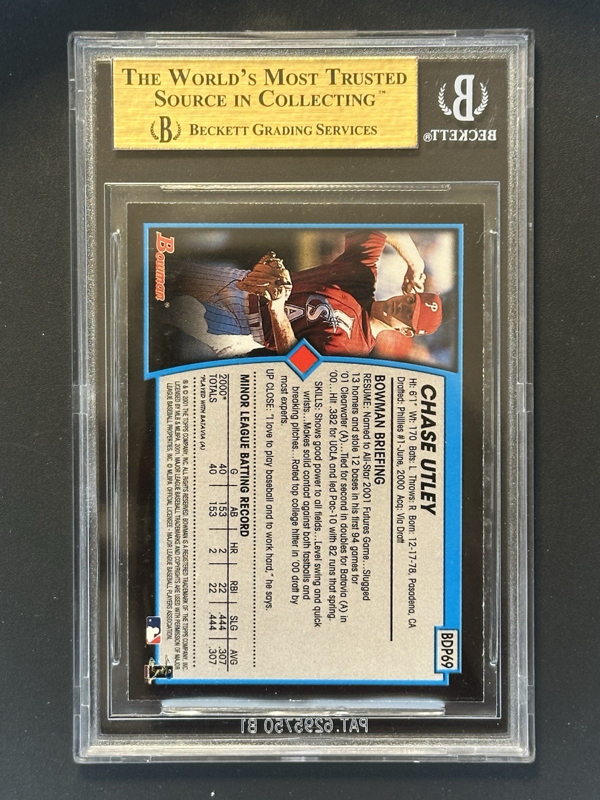 2001 Bowman Draft Picks Chase Utley #BDP69 BGS 9.5