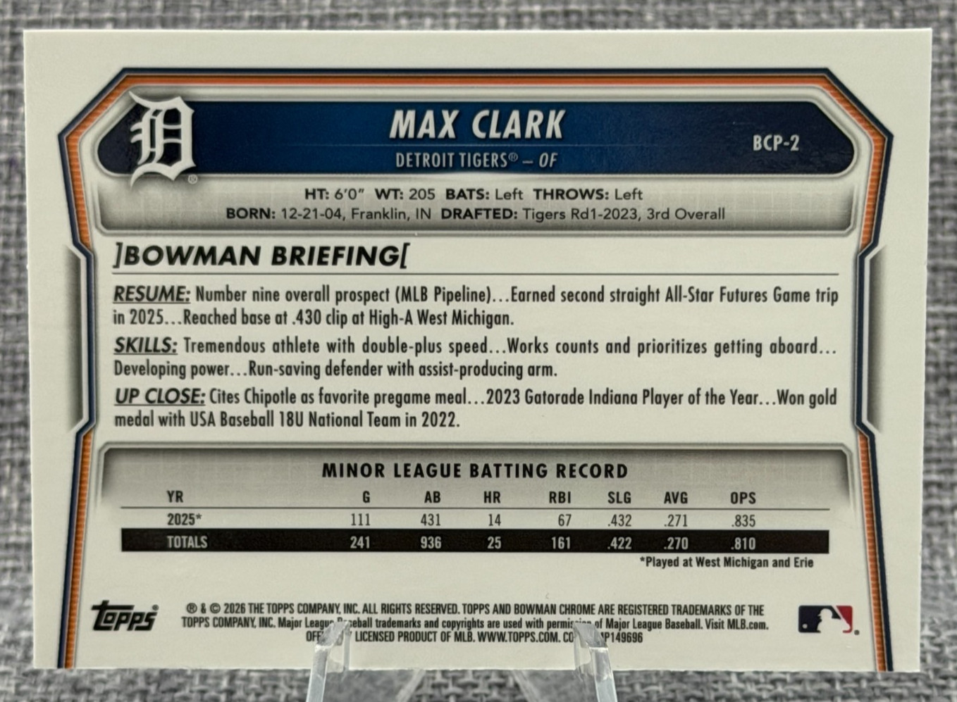 2026 Bowman Chrome – Max Clark Bowman Prospect #BCP-2 Mojo Refractor – Tigers