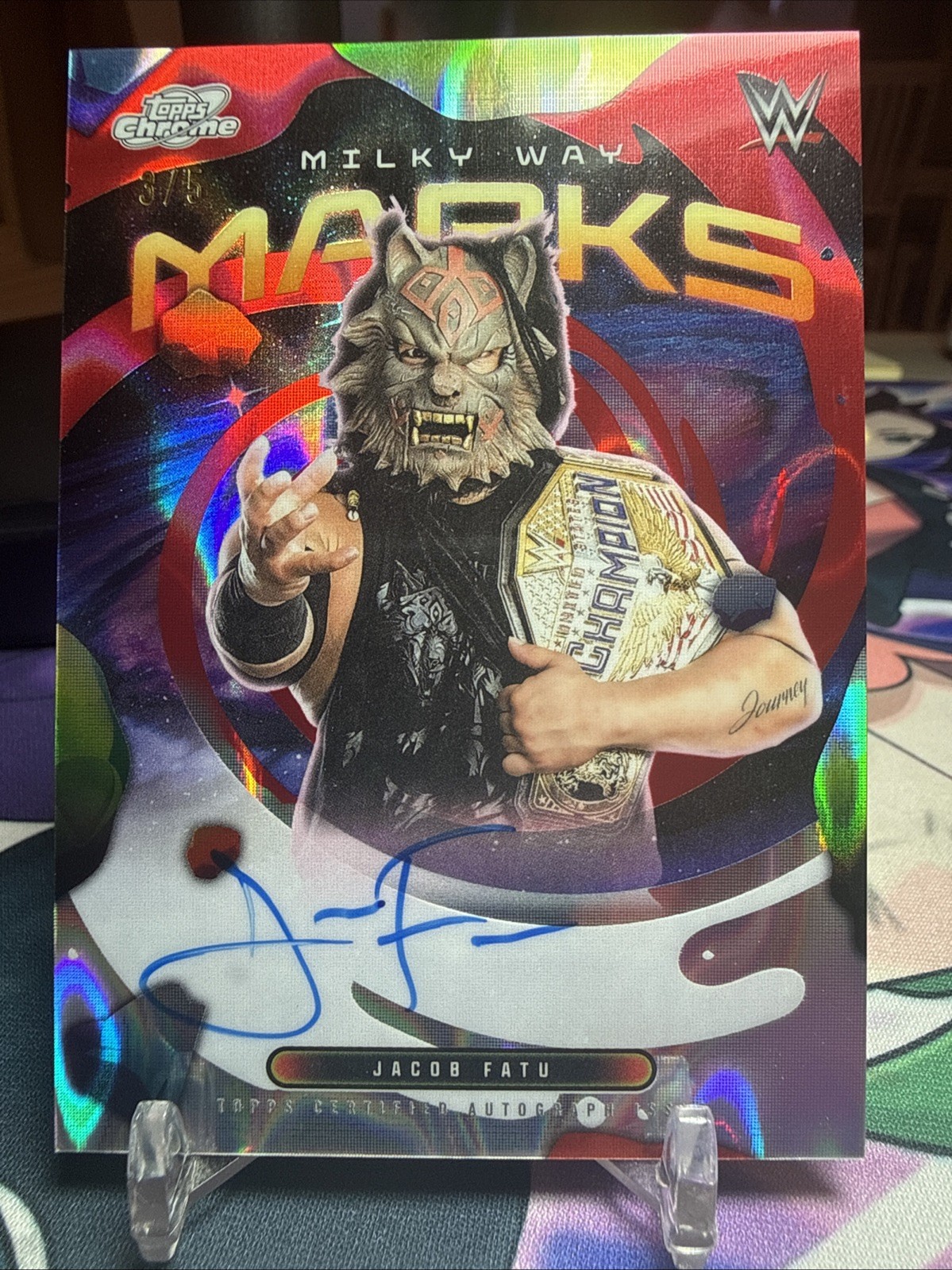 2026 Topps Cosmic Chrome WWE Jacob Fatu Milky Way Marks Auto 3/5 Red Flare CF18