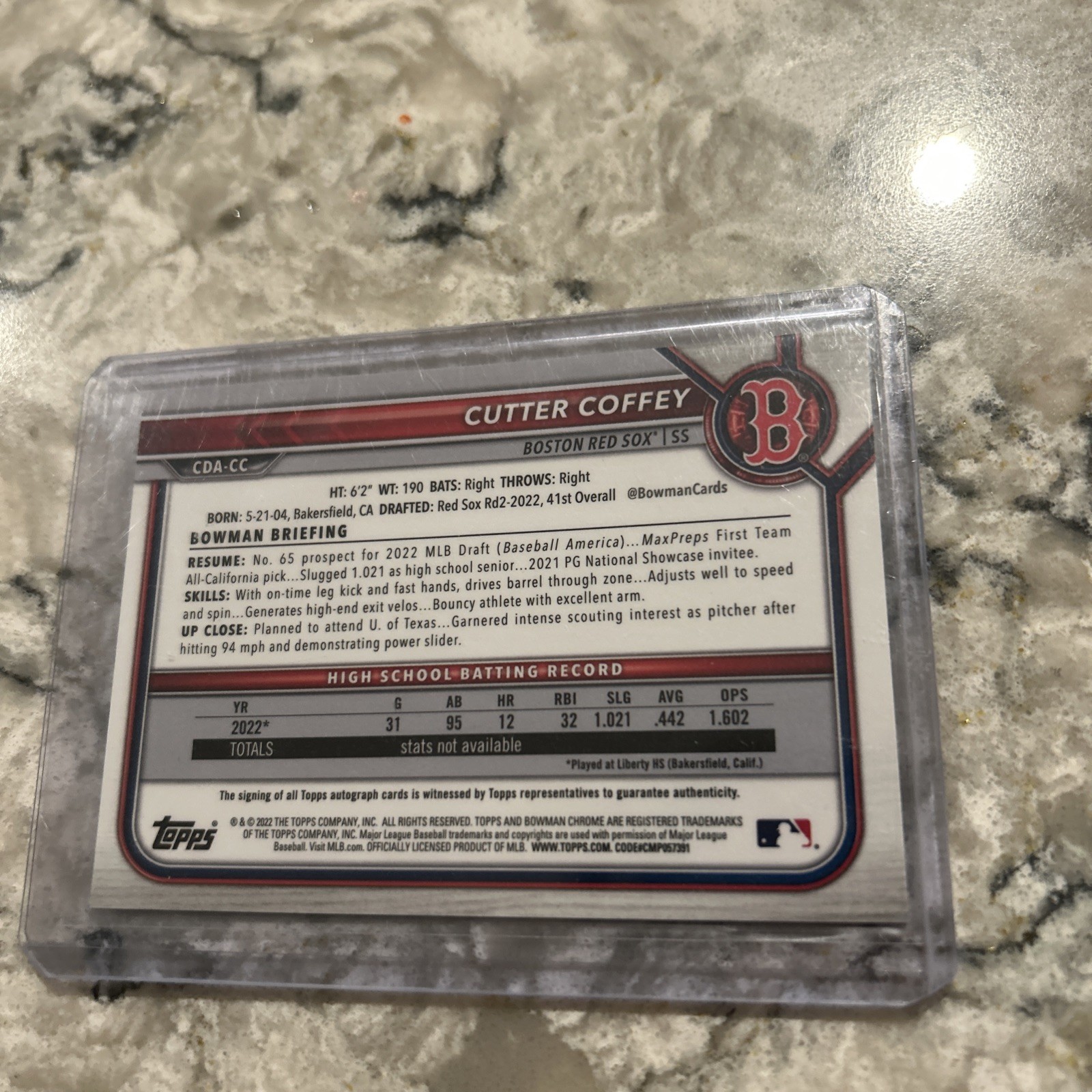 2022 Bowman Draft – Chrome Draft Pick Autographs Cutter Coffey #CDA-CC (AU, RC)