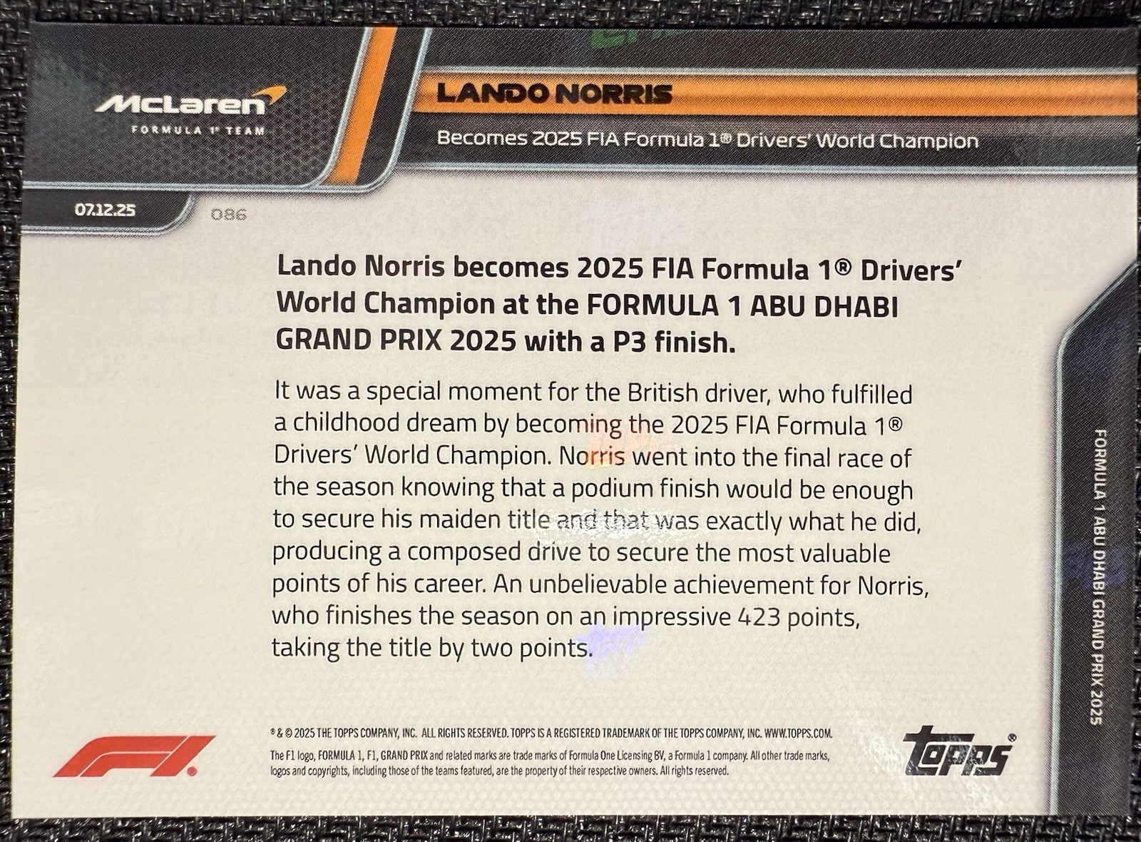2025 Topps NOW Lando Norris F1 World Champion McLaren #86