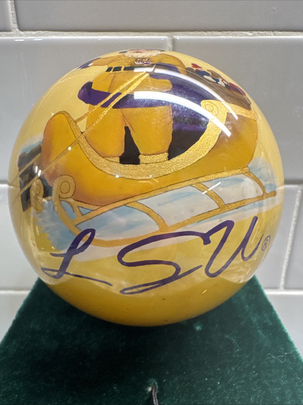 LSU Tigers Hand-Painted Santa In Sleigh 3.5” Glass Ornament w/Velvet Box PO-VG++