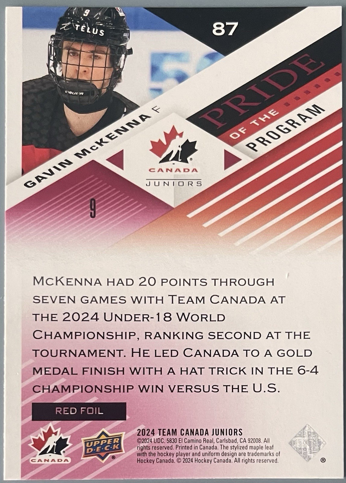 Gavin Mckenna Rookie 2024 Upper Deck Team Canada Juniors POP #87 Red Foil (RC)