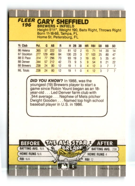 1989 Fleer #196 Gary Sheffield