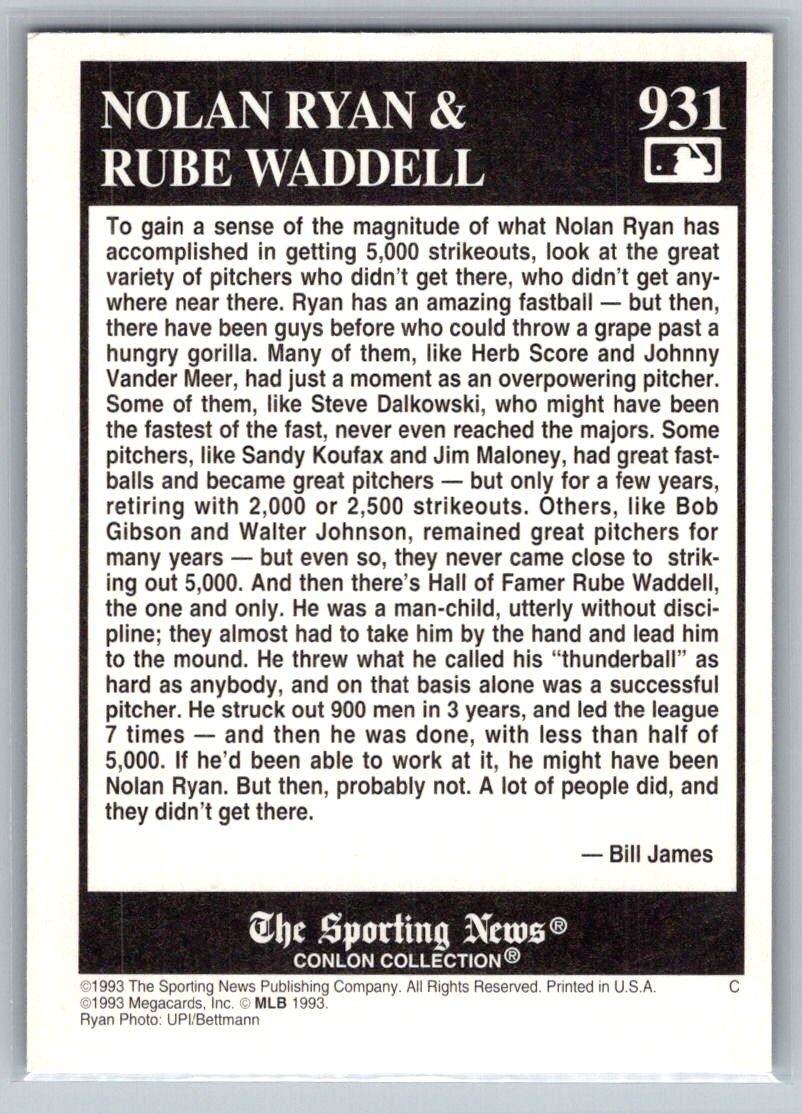 Rube Waddell / Nolan Ryan 1993 Conlon Collection TSN #931 – Free Shipping