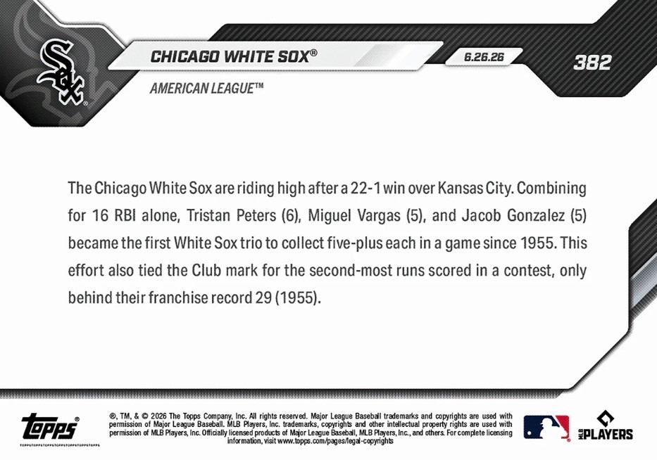 💥2026 Topps Now #382💥CHICAGO WHITE SOX 22 Run Win Not Seen Since 1955