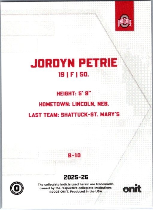 2025-26 ONIT Ohio State Women’s Hockey #B-10 Jordyn Petrie Red Parallel 17/25