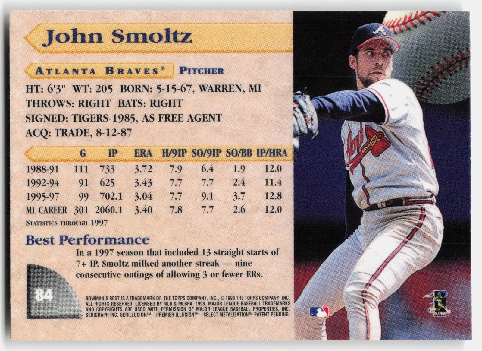 1998 Bowman’s Best John Smoltz #84 Atlanta Braves