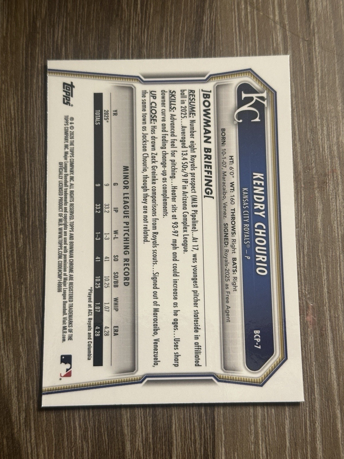 2026 Bowman Chrome Kendry Chourio BCP-7 Gold Mojo 1st Bowman /75 Royals