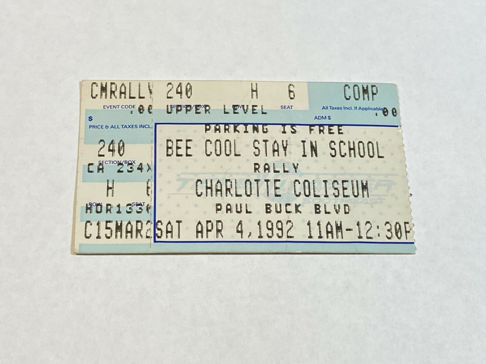 Charlotte Hornets NBA Ticket Stub #1 4-4-92 Bee Cool Stay in School Jam NC Hugo