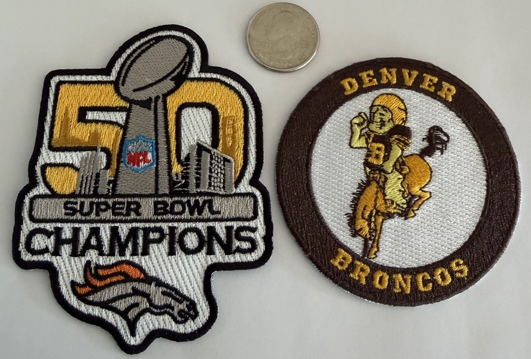 (2)-DENVER BRONCOS VINTAGE EMBROIDERED IRON ON PATCHES 4″x 3.5″& 3”x 3” Nice!