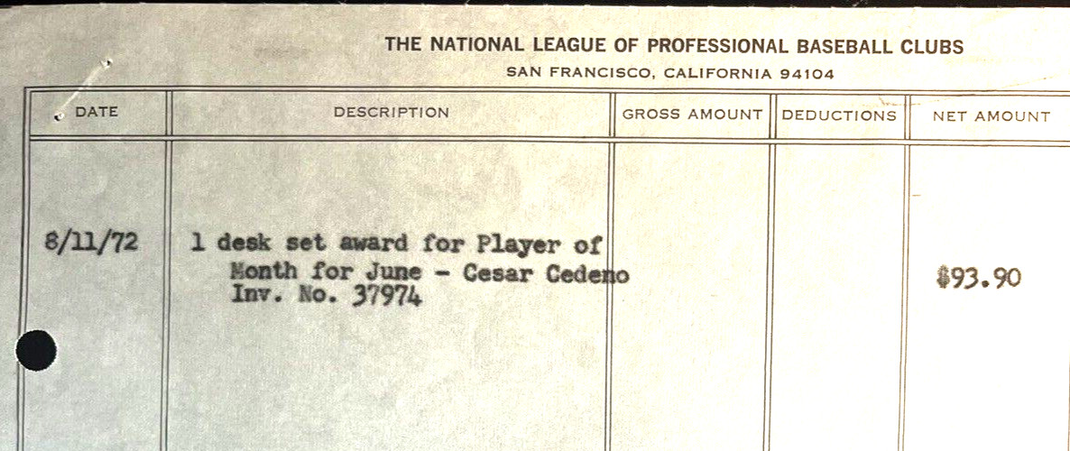 MLB ONE-OF-A-KIND NL INVOICE FOR CESAR CEDENO’S JUNE 1972 PLAYER OF MONTH AWARD!