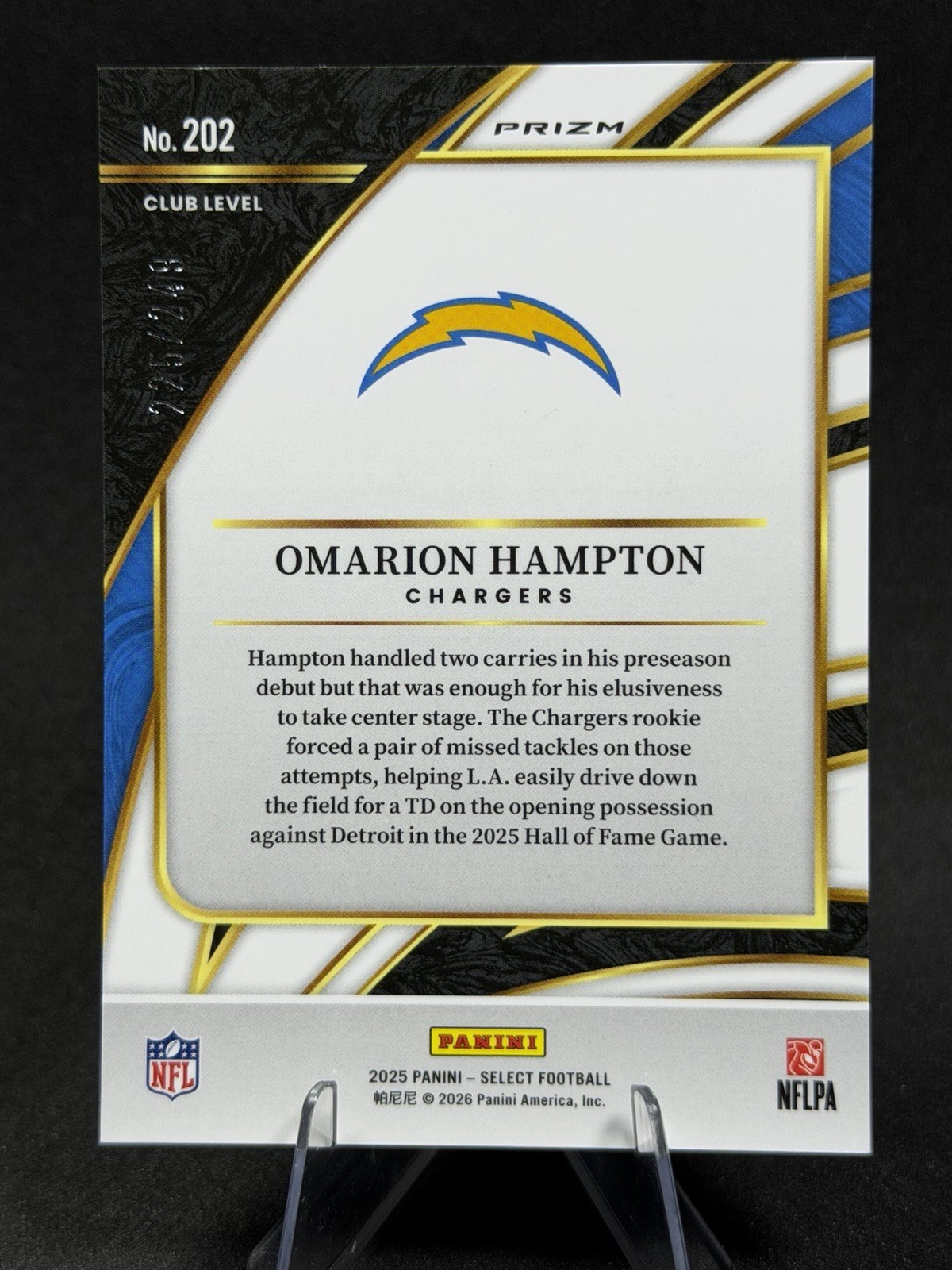Omarion Hampton 2025 Select Club Tricolor Prizm Rookie 225/249 LA Chargers