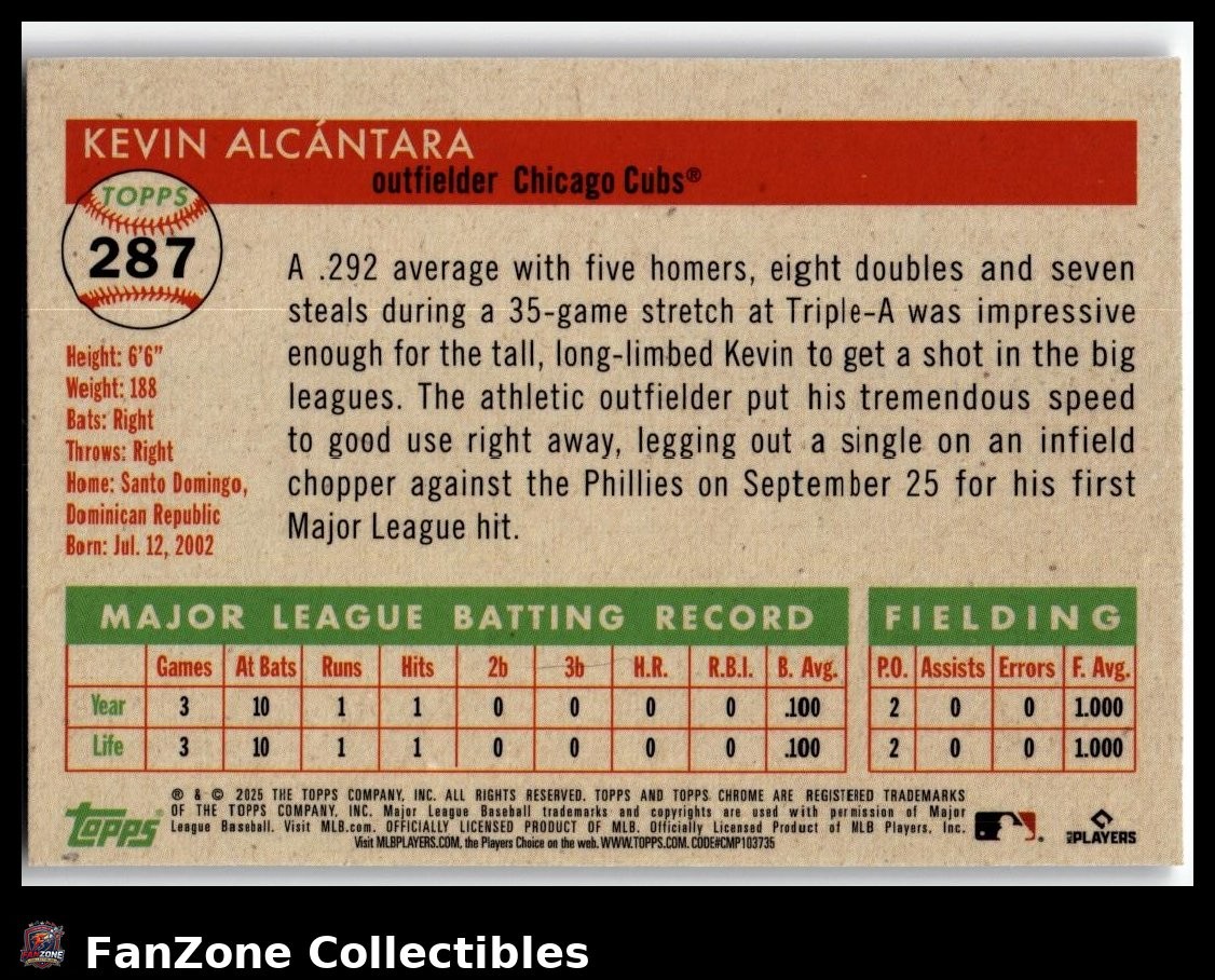 2025 Topps Chrome Platinum Baseball #287 Chicago Cubs KEVIN ALCANTARA RC