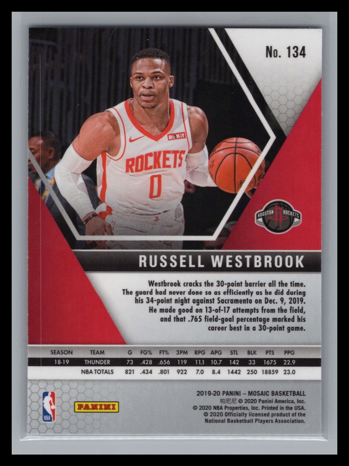 2019-20 Panini Mosaic NBA #134 Russell Westbrook Base Card Houston Rockets