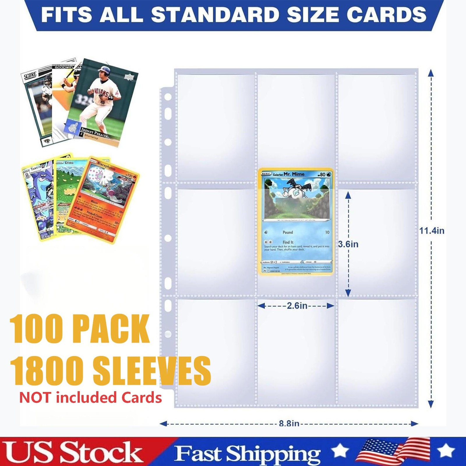 1800 Pocket 100 Sheets Trading Card Album Binder Protector Page Sleeves Baseball