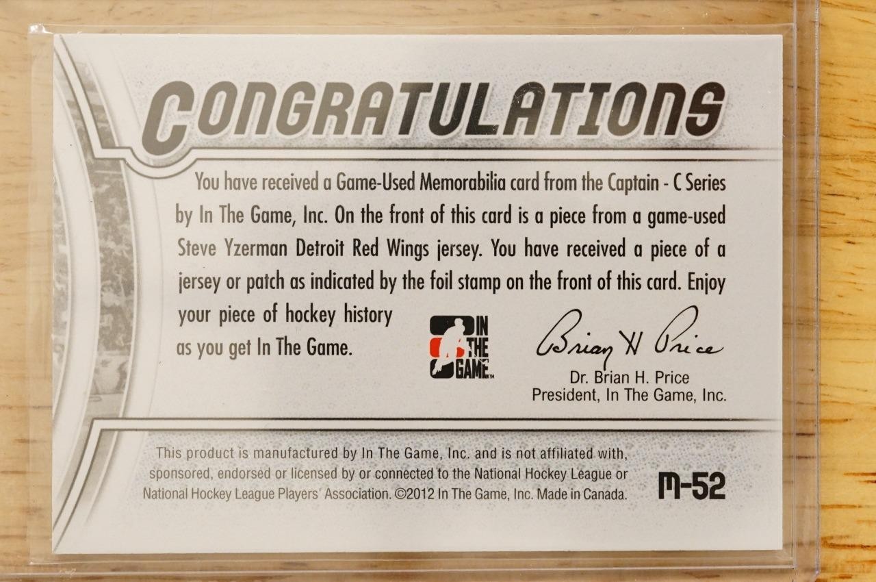 2011-12 ITG Captain-C Series Game-Used Silver Jersey /90 Steve Yzerman HOF