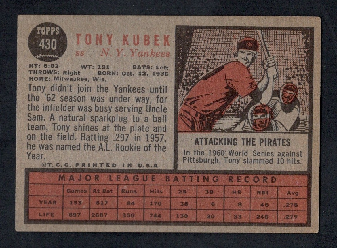 1962 Topps Baseball Card #430 Tony Kubek New York Yankees VG-EX+