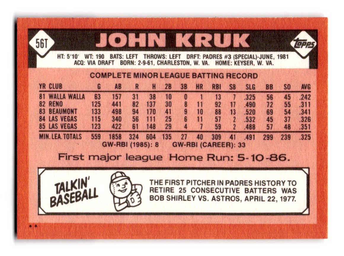 1986 Topps Traded John Kruk #56T San Diego Padres (RC)
