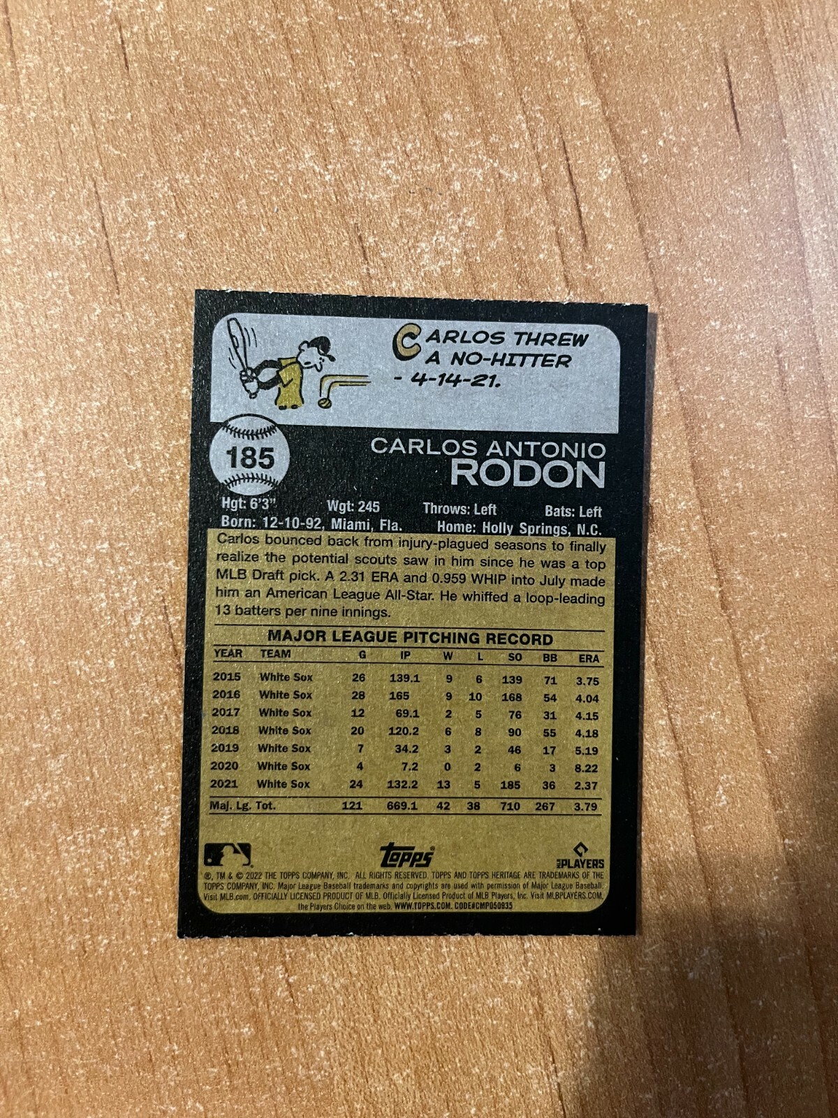2022 Topps Heritage – Carlos Rodon – #185 Purple Chrome Refractor WHITE SOX