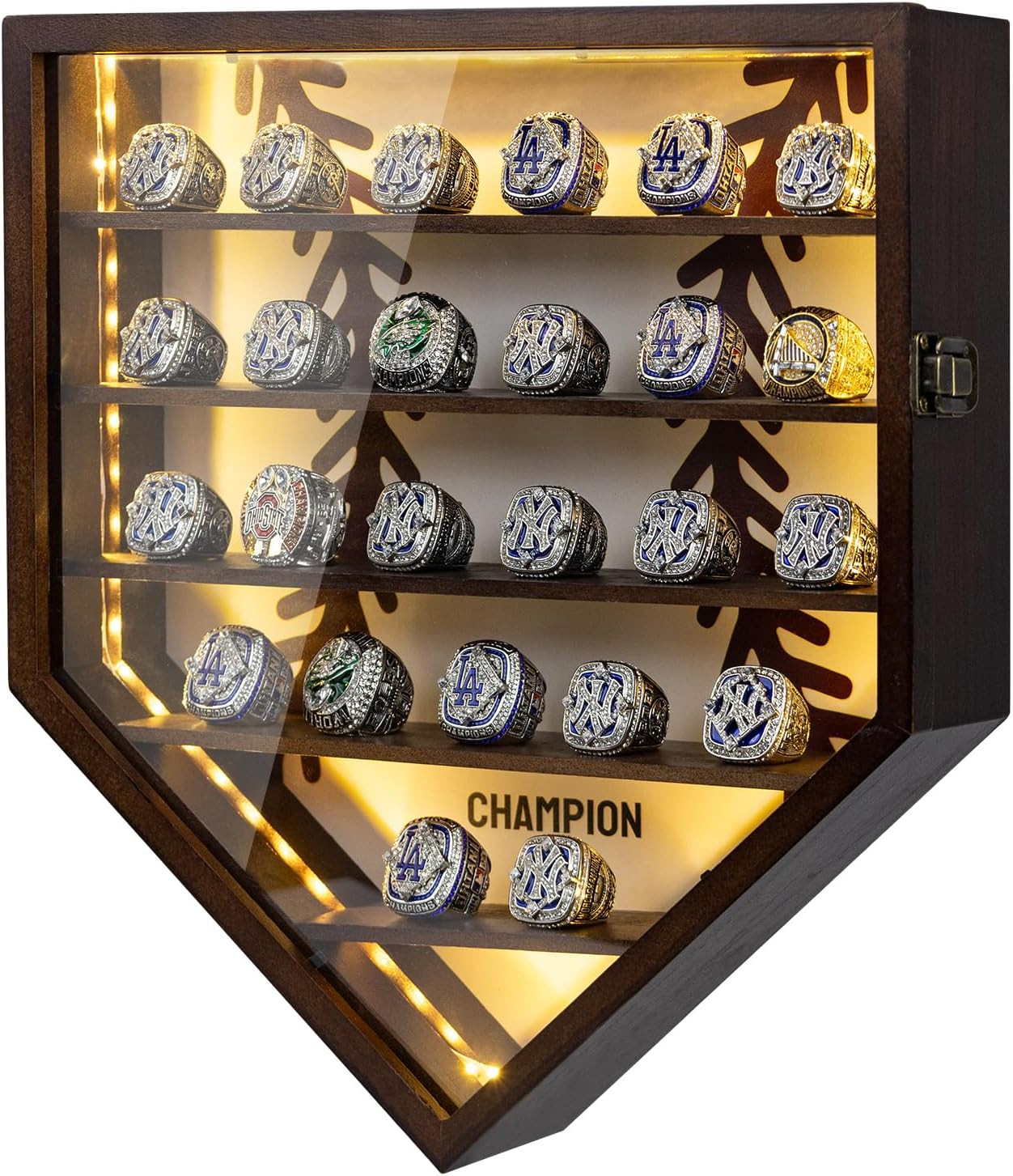 LED Baseball Ring Display Case for 25 Rings – Wall Mount Shadow Box