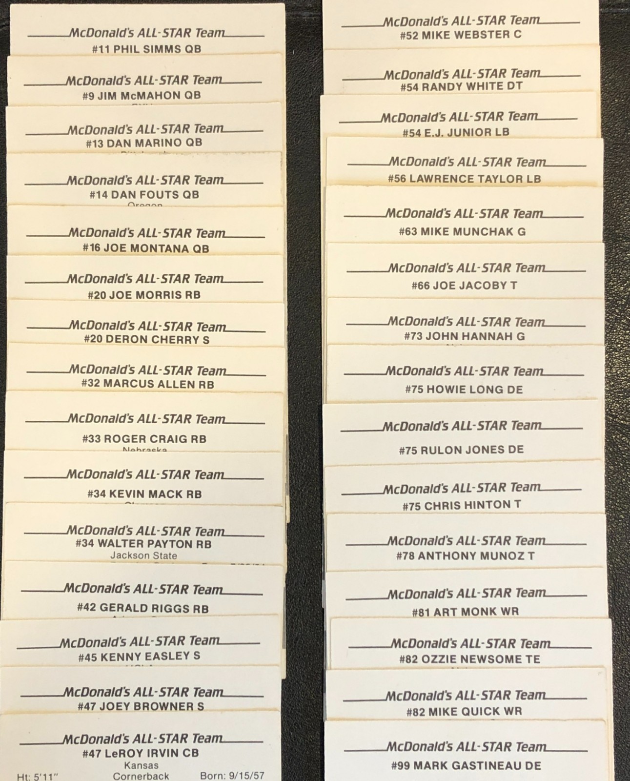 1986 McDonalds All-Star Team Football RARE BLACK TAB Complete 30ct Card Set