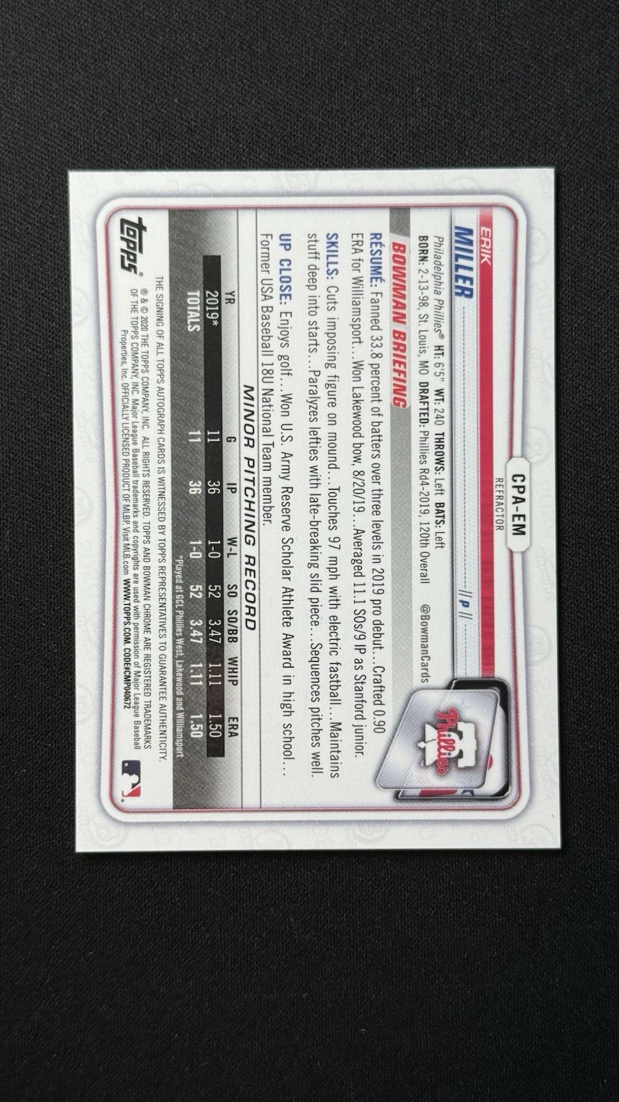 2020 Bowman Chrome Erik Miller CPA-EM Refractor Auto SP /499