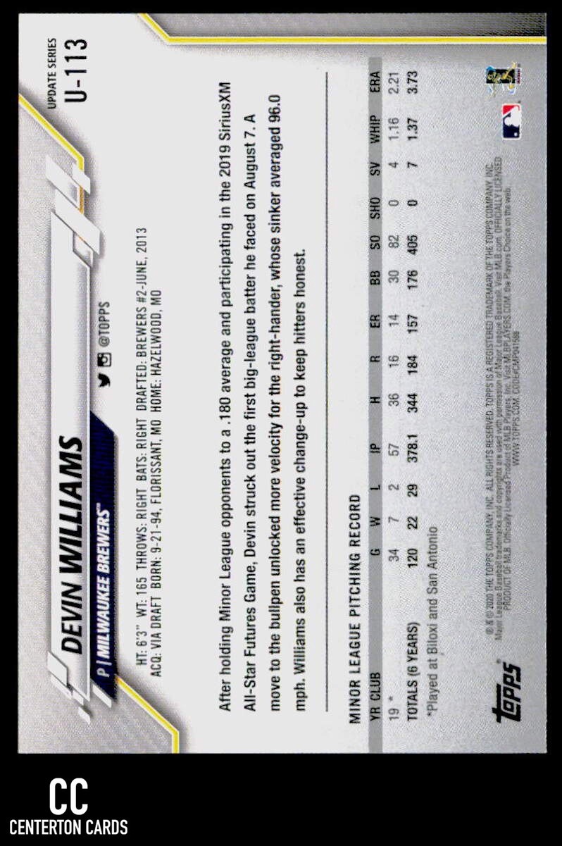 2020 Topps Update #U-113 Devin Williams RC Milwaukee Brewers