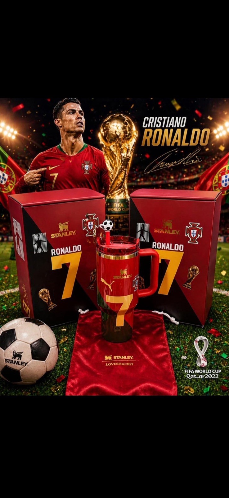 World Cup Cristiano Ronaldo Tumbler 40oz Red Gold Black