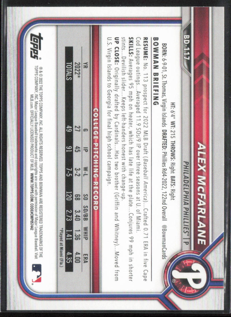 2022 Bowman Draft 1st Edition Alex McFarlane BD-117 1st | Philadelphia Phillies
