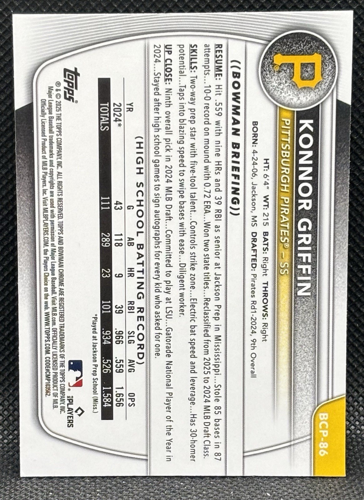 Konnor Griffin 2025 Bowman Chrome Prospects Mojo Refractor Pirates Rookie RC
