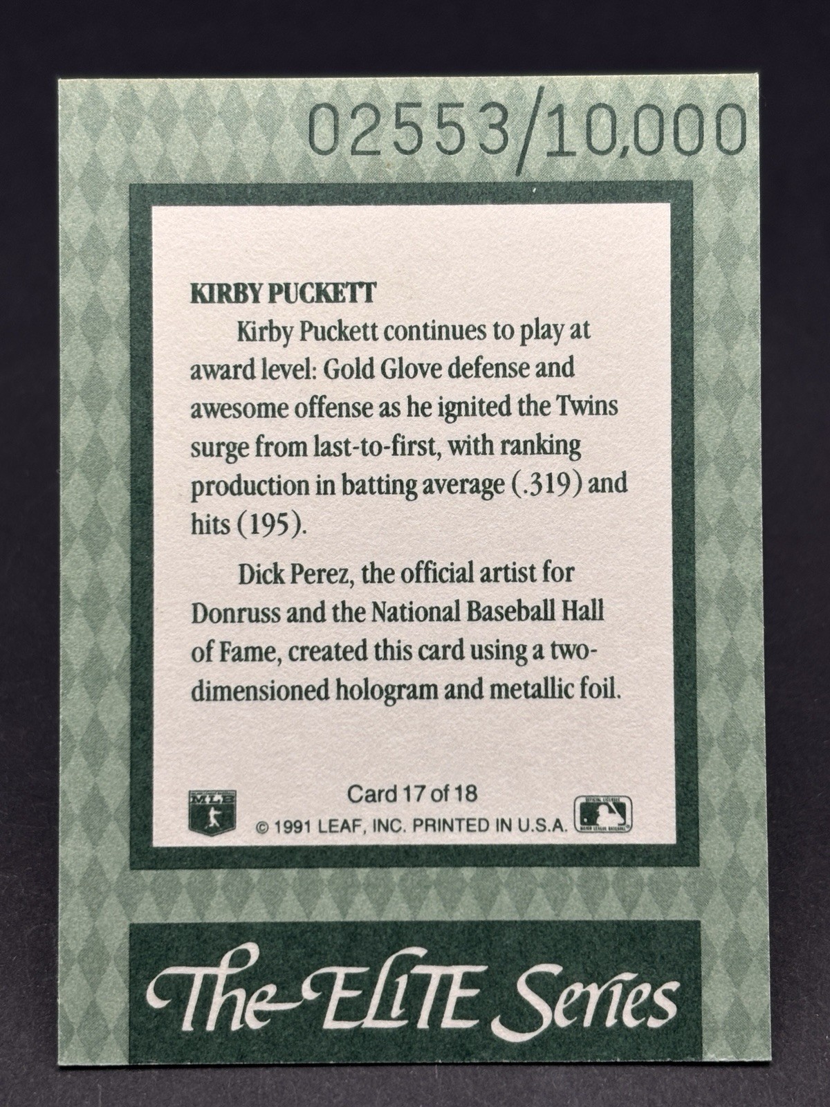 1992 Donruss The Elite Series Kirby Puckett Gold /10000 #17 Of 18 HOF Twins
