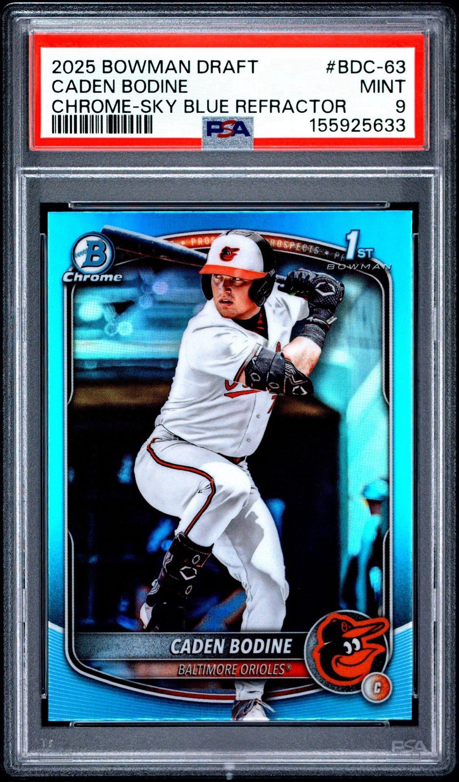2025 Bowman Draft – Chrome Caden Bodine #BDC-63 Sky Blue Refractor (RC) PSA 9