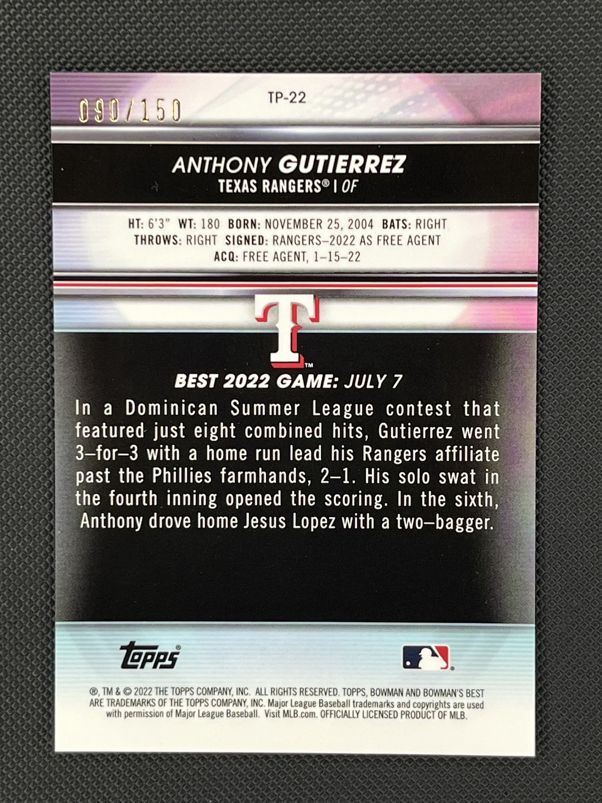 2022 Bowman’s Best #TP-22 Anthony Gutierrez Top Prospects Blue Refractor #/150