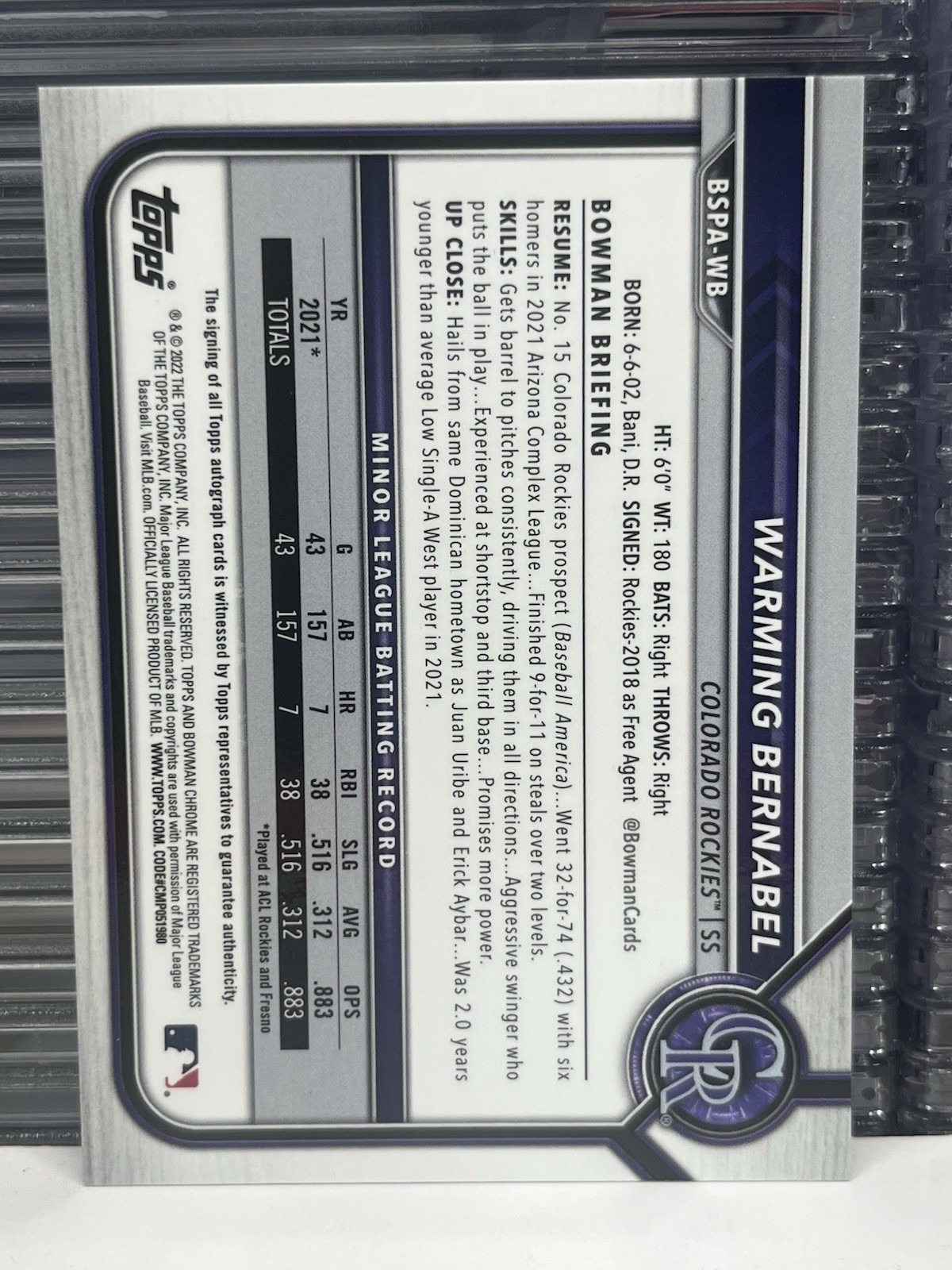 2022 Bowman Sapphire #BSPA-WB Warming Bernabel 1st Bowman Chrome Prospect Auto
