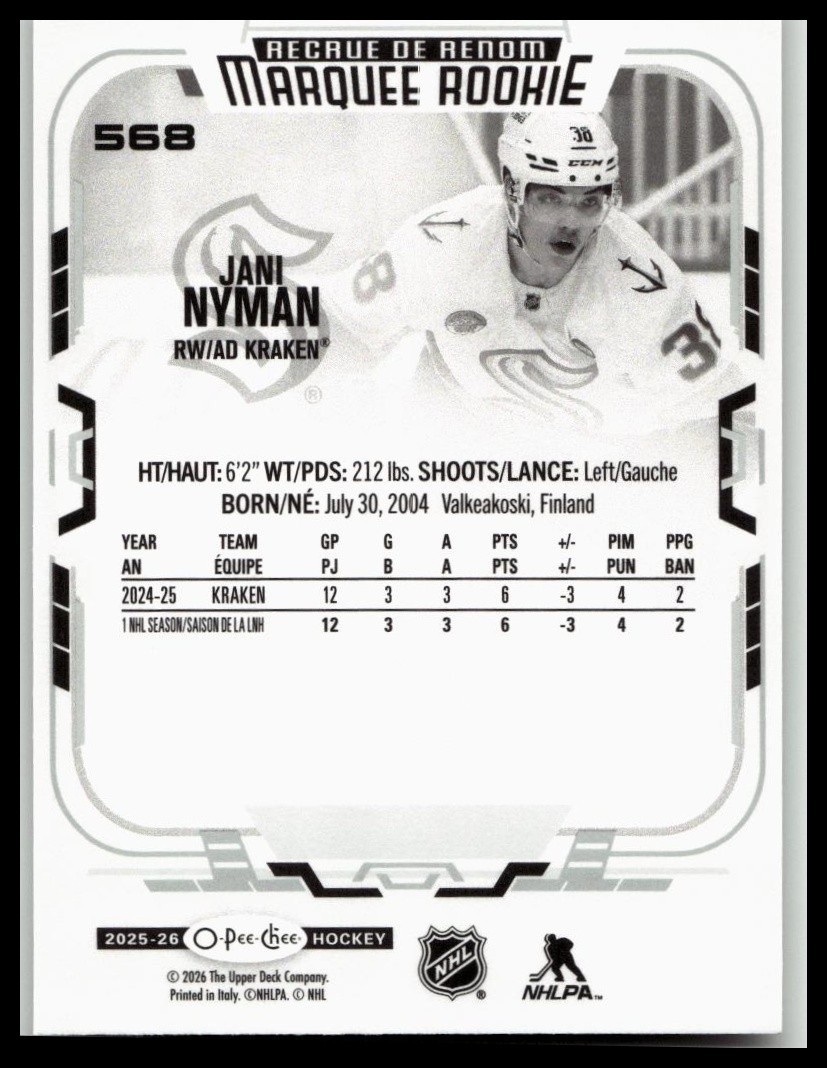 2025-26 O-Pee-Chee OPC Jani Nyman RC Marquee Rookie #568