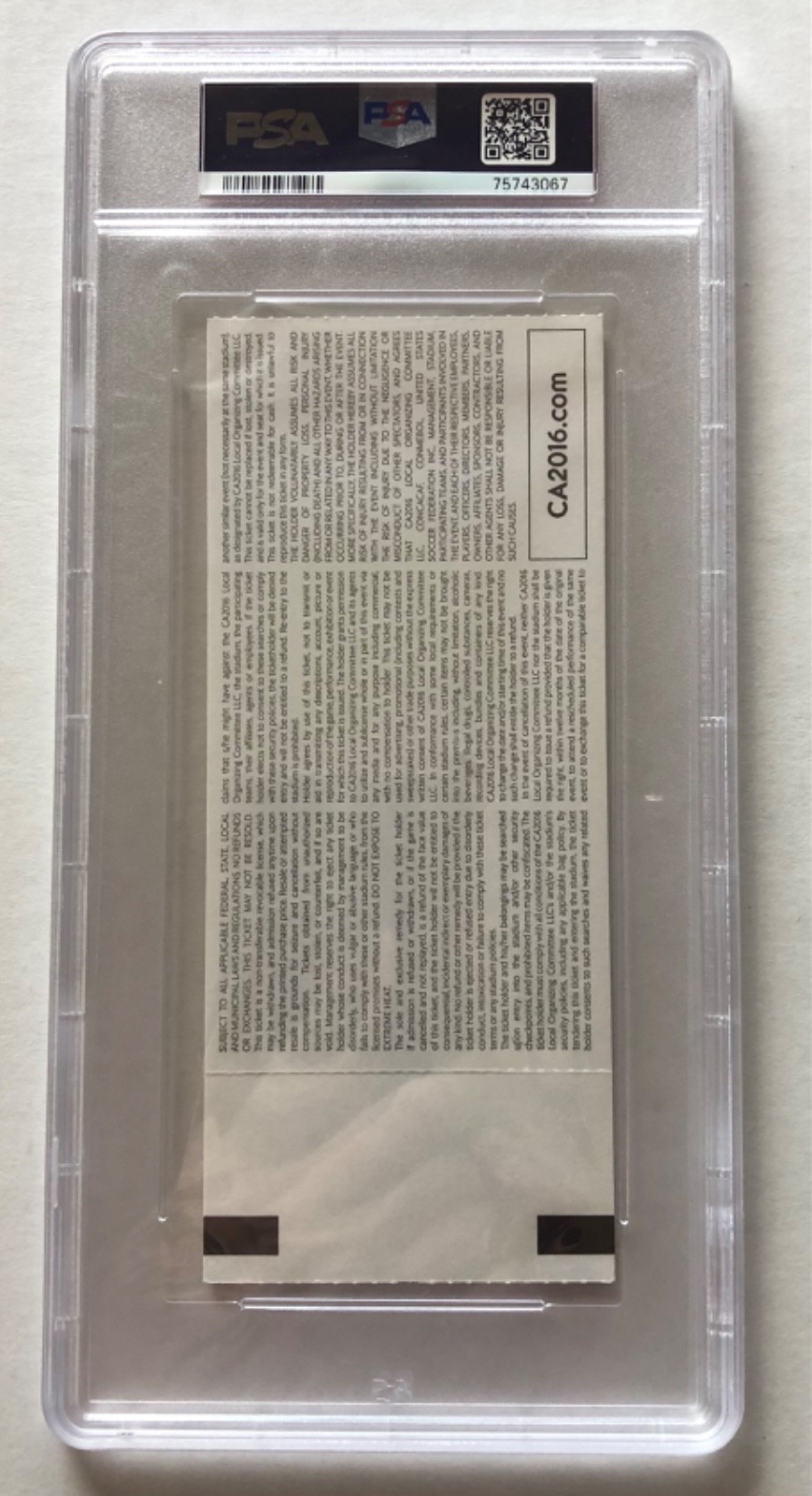 Christian Pulisic 2016 Copa America Centenario Int’l Cup Debut Ticket USA PSA 8