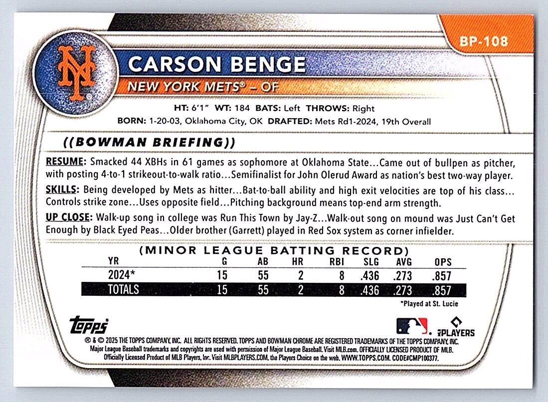CARSON BENGE METS 2025 BOWMAN PROSPECTS #BP-108