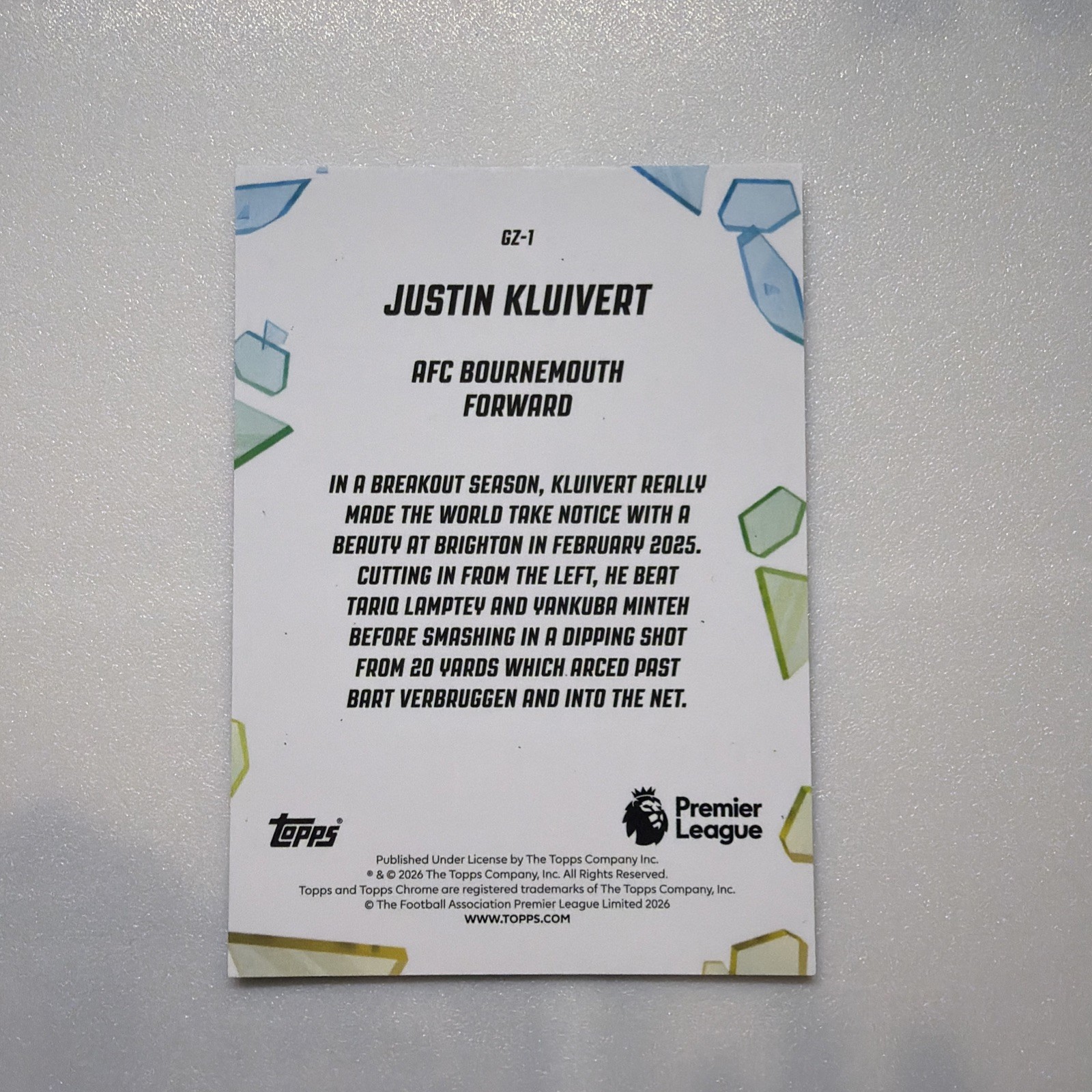 2026 Topps Chrome Premier League RARE Golazo REFRACTOR GZ-1 Justin Kluivert, AFC