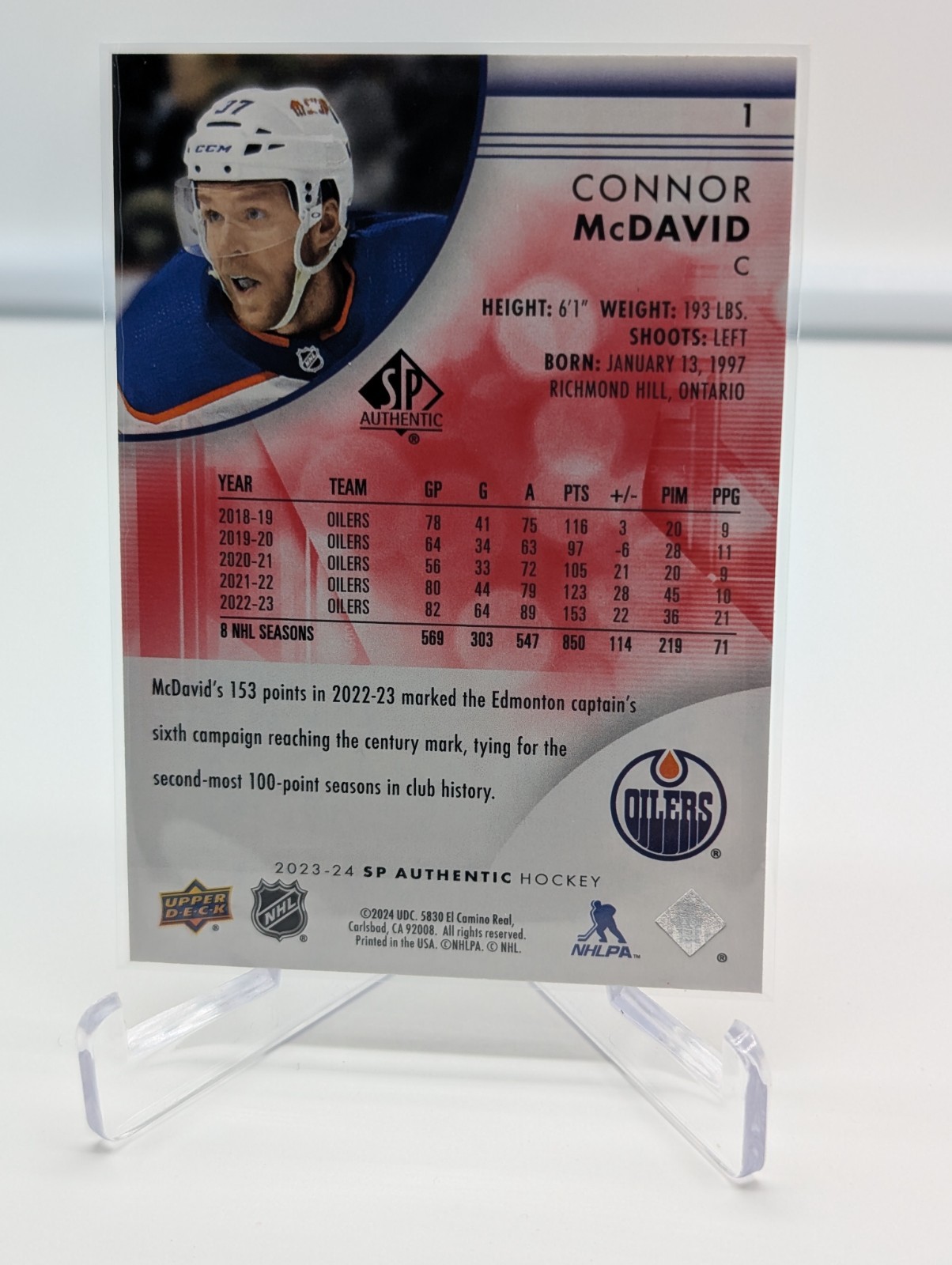 2023-24 UD SP Authentic #1 Connor McDavid Red Limited Edmonton Oilers