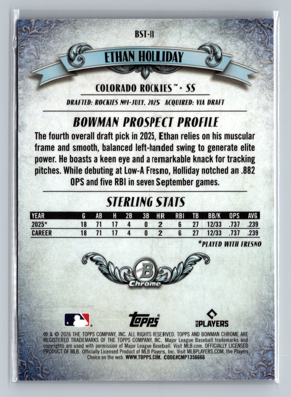 2026 Bowman ETHAN HOLLIDAY #BST-11 Sterling Mojo Refractor Mega Box Insert Card