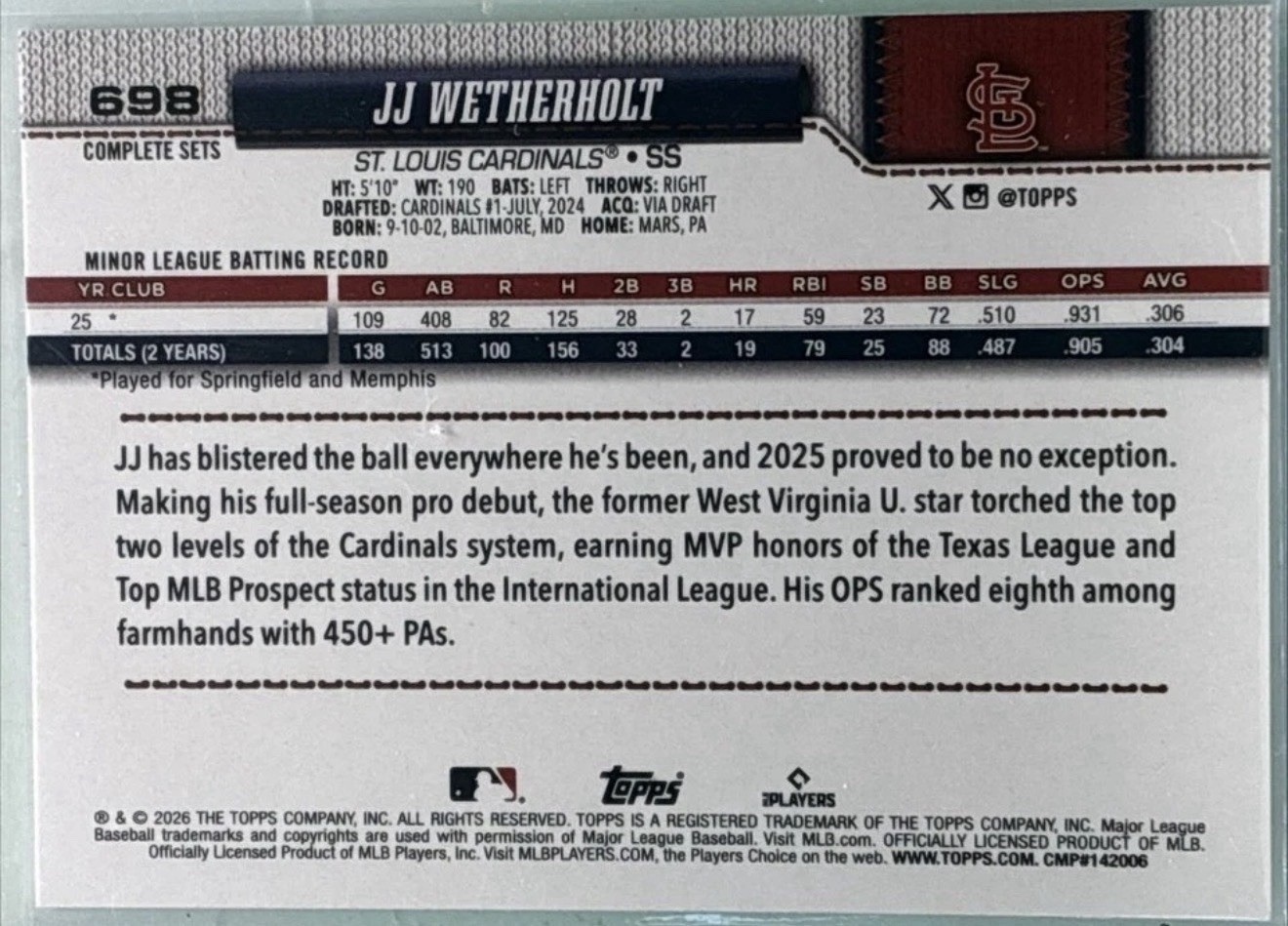 2026 Topps Series 2 – JJ Wetherholt #698 Complete Set Short Print (RC)