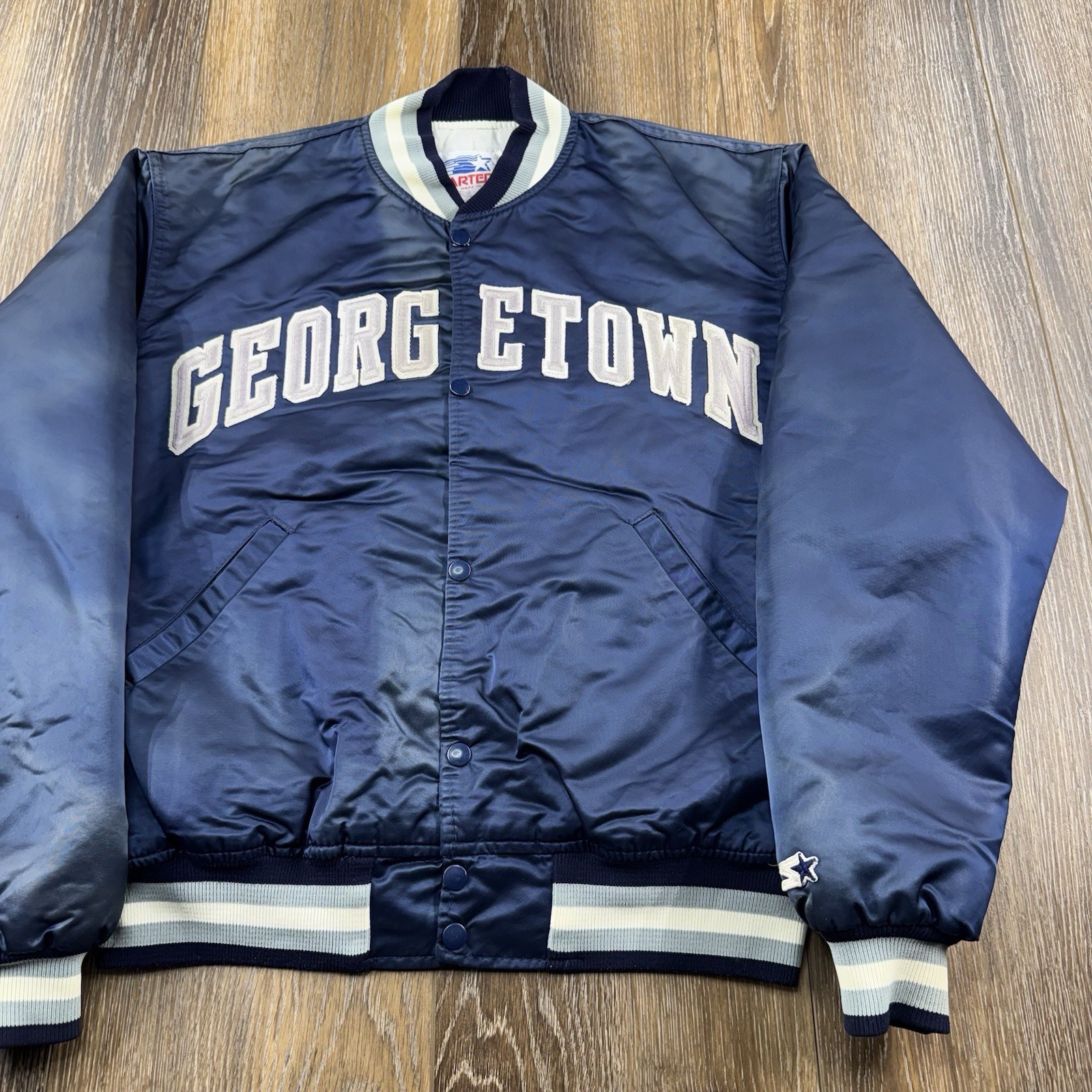 Vintage Georgetown Hoyas Satin Bomber Jacket Mens XL Blue Starter USA 90s Coat