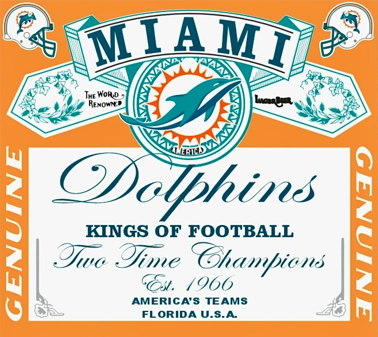 (2) Miami Dolphins Waterproof Vinyl Stickers 4×3.5 Bud Beer Labels Decals