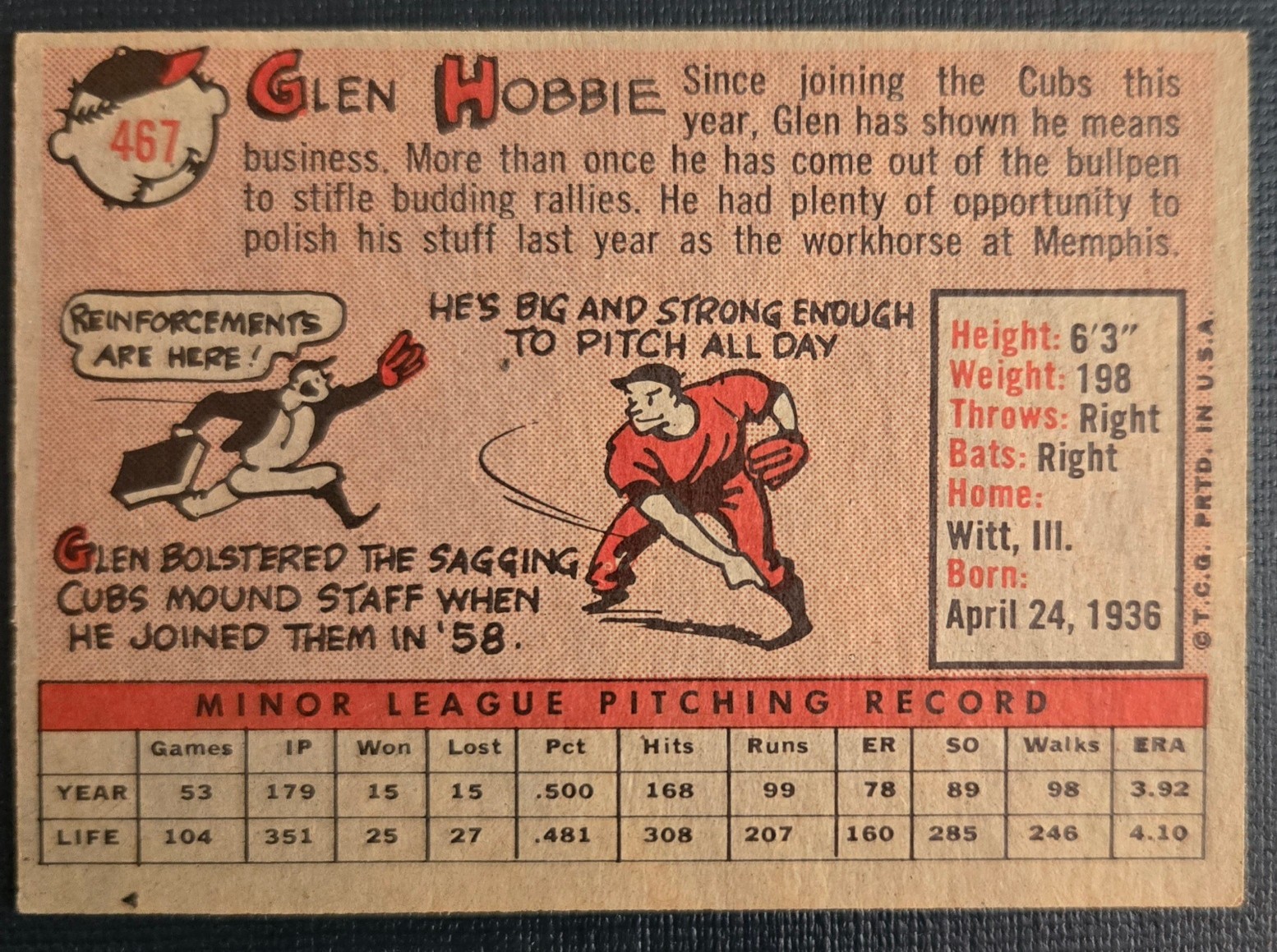 1958 Topps – Glen Hobbie #467 (RC) Chicago Cubs Excellent