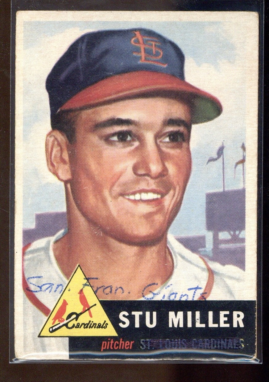 1953 Topps #183 Stu Miller Surface and Corner Damage MK on Front